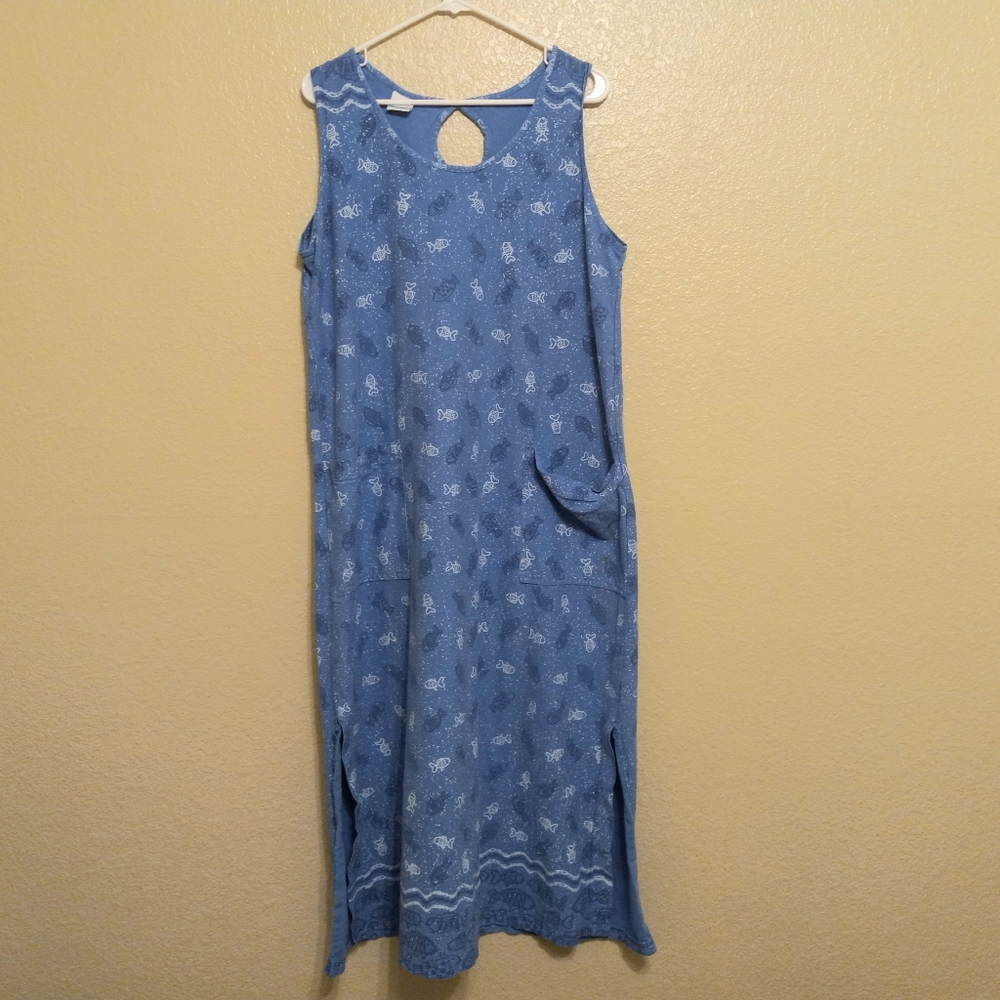 On White Blue Fish Print Cotton Maxi Dress